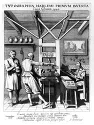 La encuadernación de Laurens Janszoon Koster, grabado por J. van der Velde, publicado en 